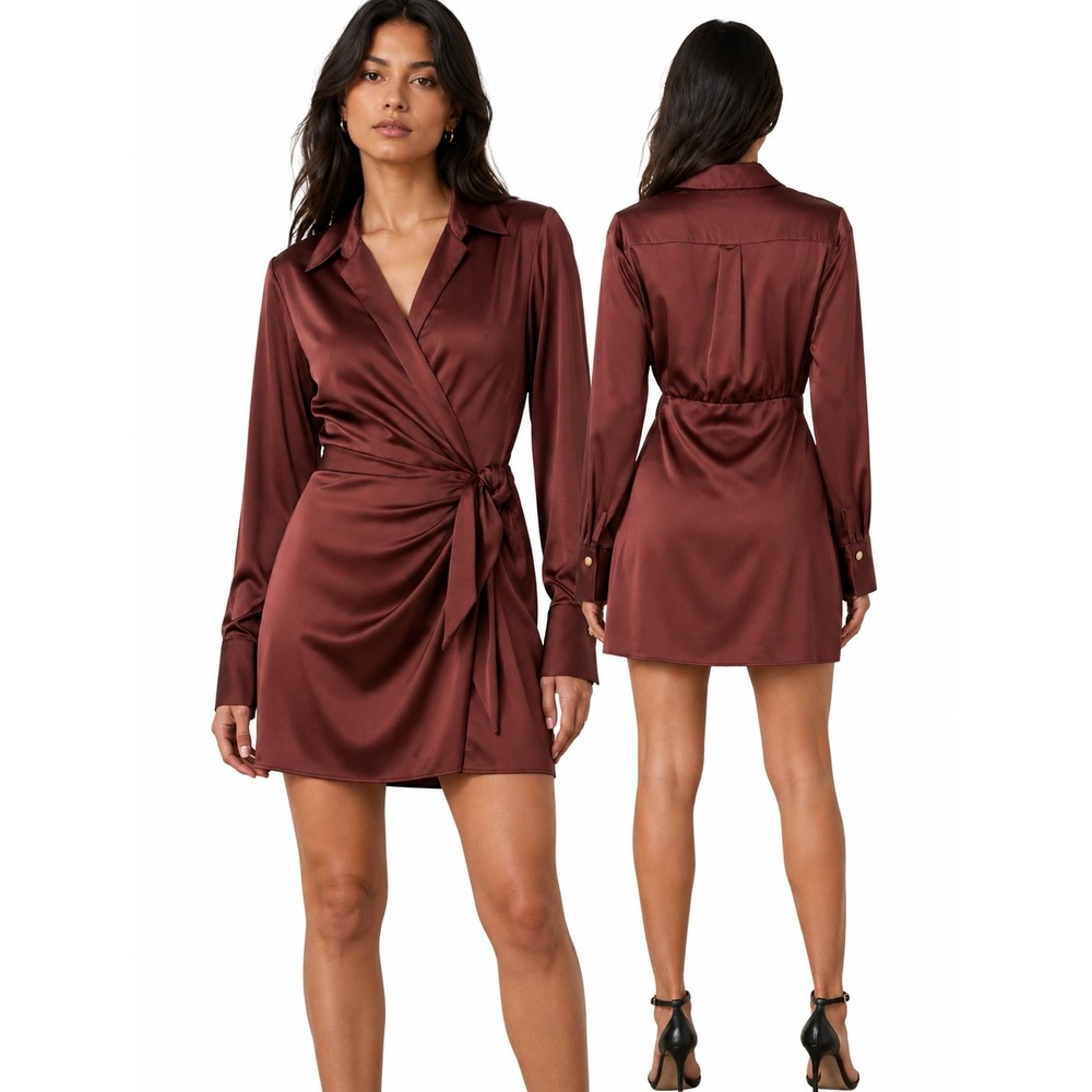 Gianni Bini NWT Avery Satin Wrap Dress Womens 6 Cocoa Brown Long Sleeve Mini